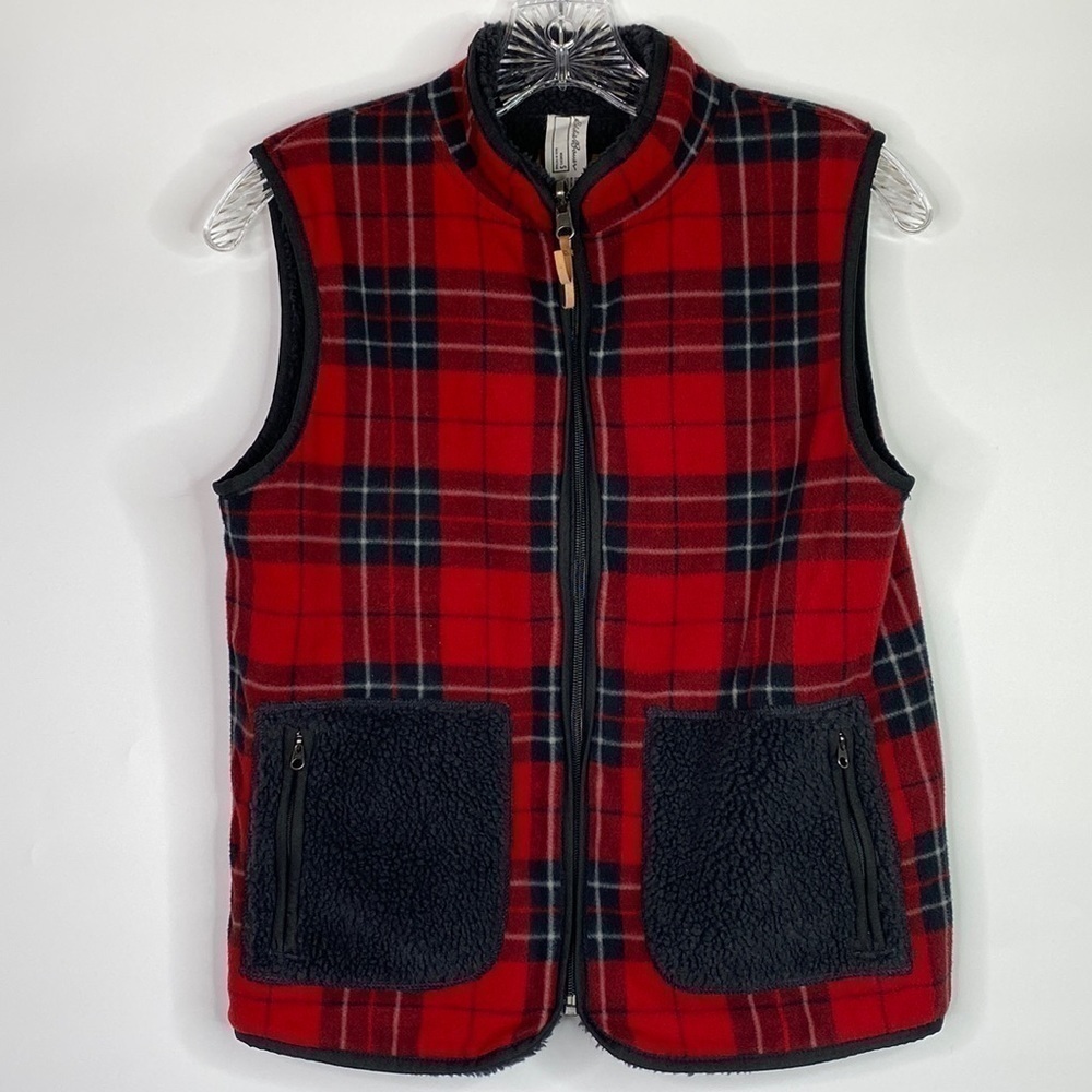 Eddie Bauer Reversible Red Plaid Black Fleece Vest Size Small